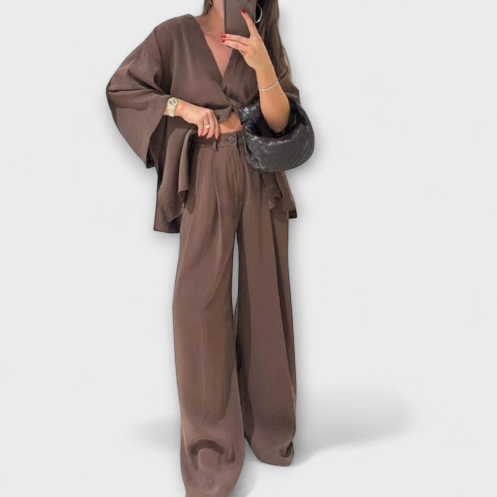 Jacqueline - Duo Top à Col V Décontracté et Pantalon